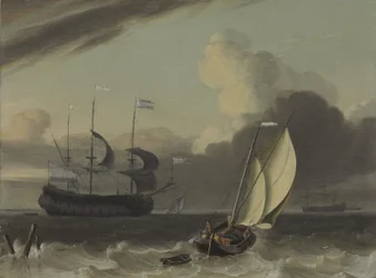 Een Nederlandse koopvaarder en een sprietzeilschuit in de wind